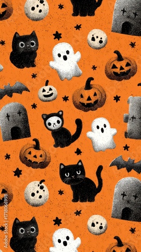 Festive Halloween pattern featuring playful ghosts, cats, and pumpkins in vibrant orange