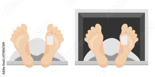 Medical and forensic death icon with feet and toe tag in morgue refrigerator. Morgue feet with tag. Dead body feet illustration. Autopsy toe tag vector. Forensic morgue cartoon. Crime scene death.