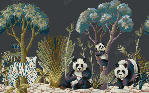 Tropical Jungle Mural with Pandas and White Tiger in Lush Greenery Scene