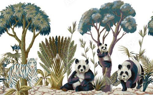 Tropical Jungle Mural with Pandas and White Tiger in Lush Greenery Scene