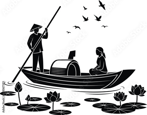 Minimalist vector illustration of a serene rural boat journey with farmers in nature, traditional lifestyle artwork