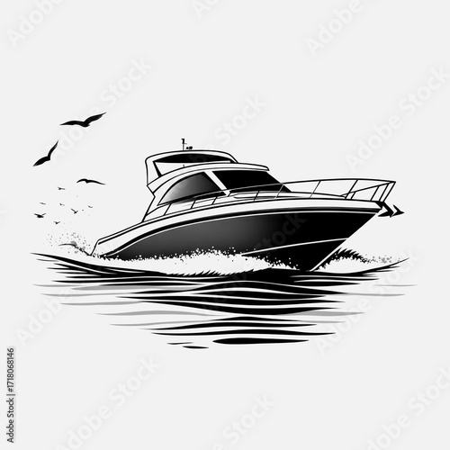Stylish motorboat cruising through calm waters with seagulls