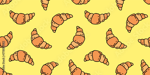 croissant seamless pattern print design hand drawn vector illustration yellow background 