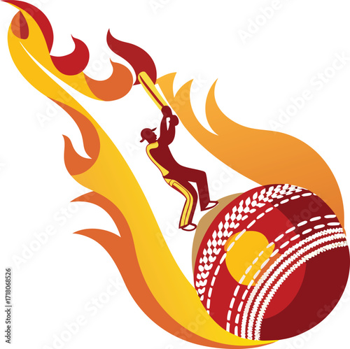Cricket Player Batting with Fiery Cricket Ball and Flames Graphic on White Background Keywords: cricket, player, batsman, batting, bat, hitting, sport, game, action, motion, speed, power, energy