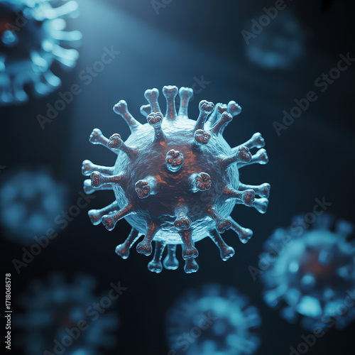 Detailed 3D Render of Coronavirus Virions Floating in a Dark Void with a Single Beam of Light Illuminating Them