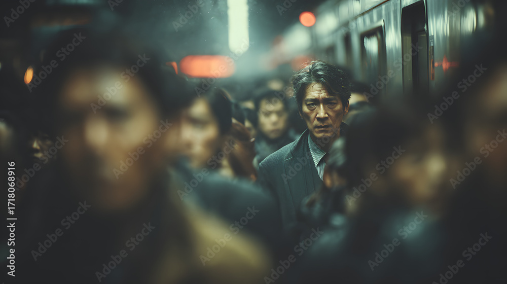 Fototapeta premium 通勤ラッシュの人混みを歩く中年サラリーマンの出勤風景「生成AI」