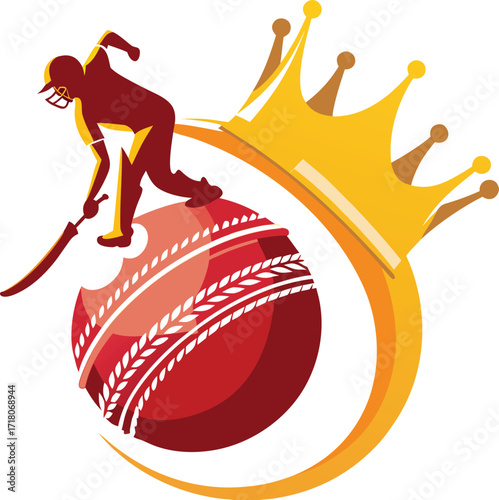 Cricket Player With Bat On A Giant Cricket Ball Under A Golden Crown On White Background Keywords: cricket, sport, game, player, batsman, bowler, athlete, action, dynamic, energy, ball, bat