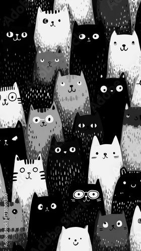 Cats in various shades gather in a playful monochrome pattern