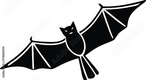 Minimalist black silhouette illustration of a flying bat with spread wings, embodying nocturnal wildlife and spooky season themes, perfect for various design projects