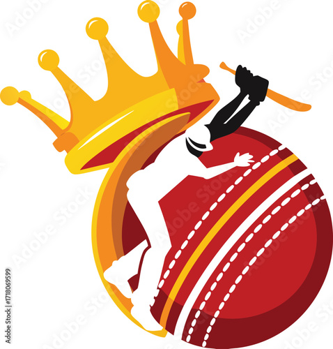 Cricket player with bat on a large cricket ball under a golden crown batsman