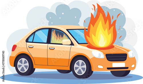 Auto Accident on Fire, Burning car, Flat design vector illustration, Vehicle insurance, Automobile safety, Road accident, Motor Repair Concept