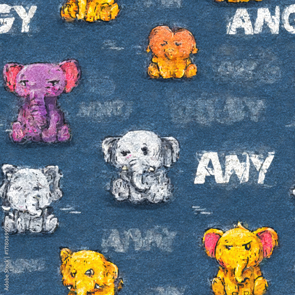 Cartoon Angry Elephants Seamless Pattern on Textured Blue Background Cartoon Angry Elephants Seamless Pattern on Textured Blue Background