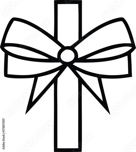 Elegant black outline of a religious cross decorated with a festive ribbon bow, a minimalist vector graphic for Easter or Christmas. A simple line art icon representing faith and spirituality