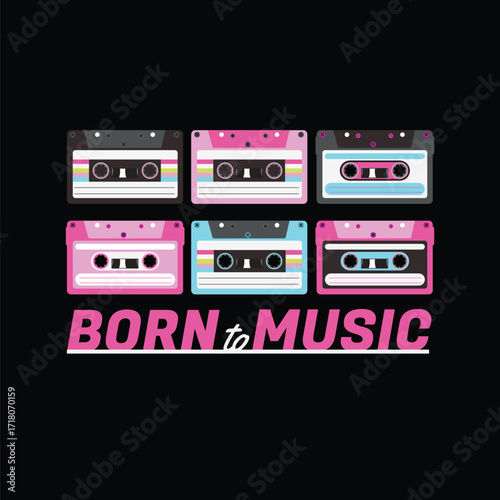 Colorful Retro Cassette Tape Pattern with Vintage Pop Neon Aesthetic Design