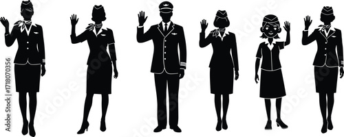 Airline crew silhouettes, pilot and flight attendants, waving gesture, uniformed staff, black vector, aviation, isolated, set, travel, service
