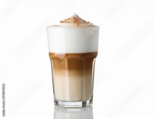 layered latte macchiato in a tall clear glass with creamy foam isolated on a white background