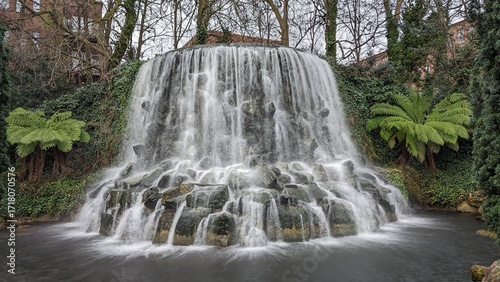 Photography Waterfall in Iveagh Gardens, Dublin Surrounded by Lush Greenery