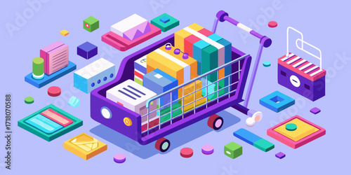 Isometric shopping cart filled with colorful packages and boxes surrounded by abstract geometric shapes