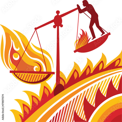 Silhouette of a person balancing on a scale with flames and fire elements balance justice