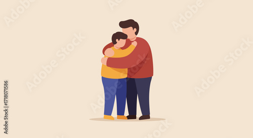 A heartwarming flat design illustration captures a parent tenderly embracing a child, symbolizing unconditional love and protection. This minimalist graphic conveys deep familial bonds and affection.