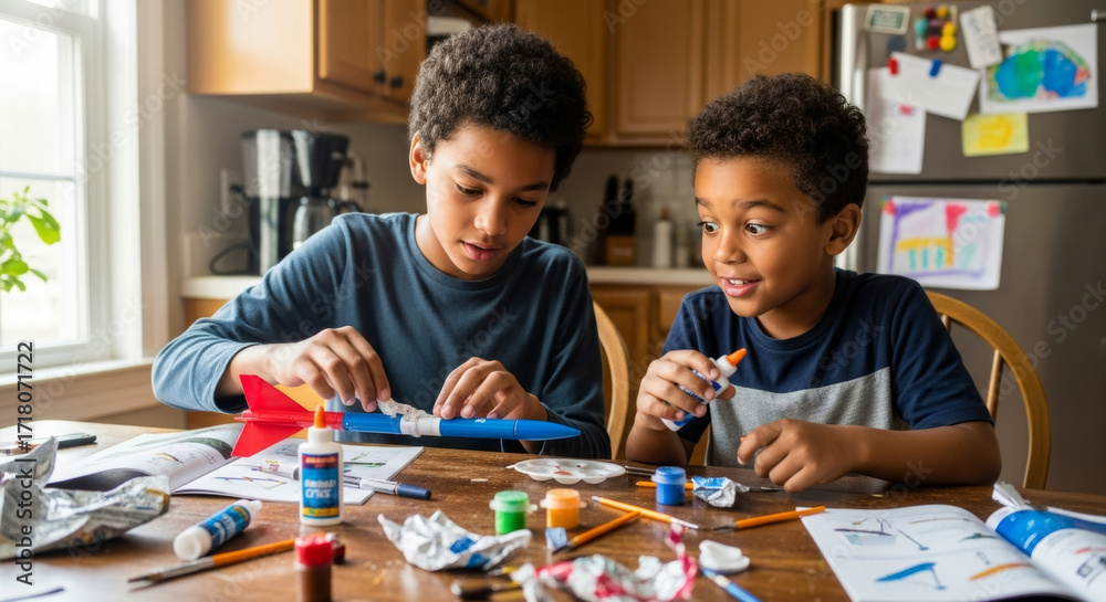 Fototapeta premium Cheerful African American twin brothers glue and paint cardboard airplane model on wooden kitchen table cluttered with crayons, brushes, and books, near window with houseplant.