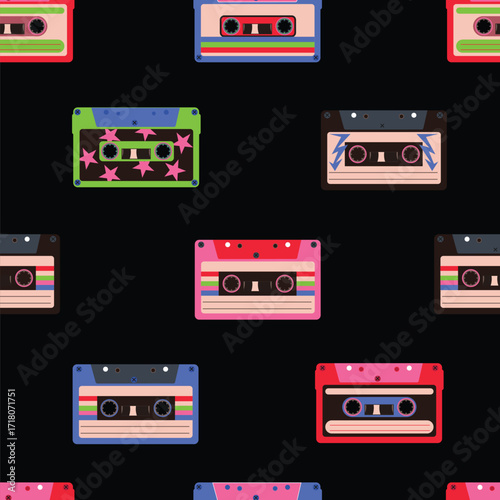 Vibrant Seamless Retro Cassette Tape Pattern Background with Neon Synthwave Aesthetic Design