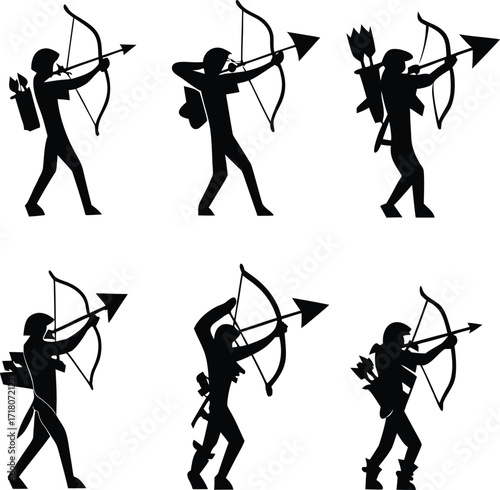 Six black silhouette icons of archers drawing bows with arrows and quivers archery