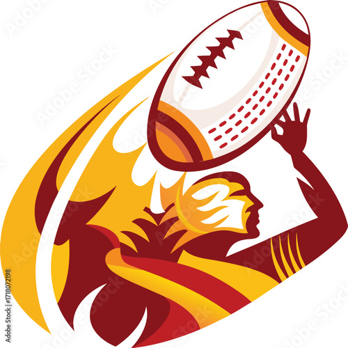 Stylized American Football Player Silhouette Catching Ball with Flames and Tribal Design Elements