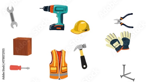 Animated collection of construction equipment tools set for repair, build, and DIY tasks.