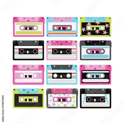Colorful Retro Cassette Tape Pattern with Vintage Pop Neon Aesthetic Design