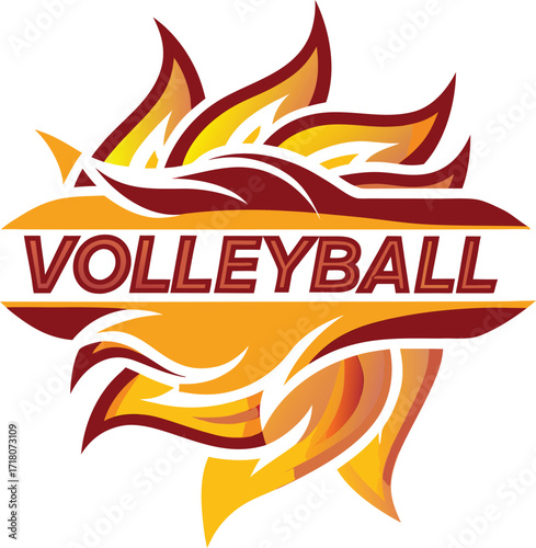 Volleyball Word Art with Stylized Flames and Sunburst Design on White Background text sport