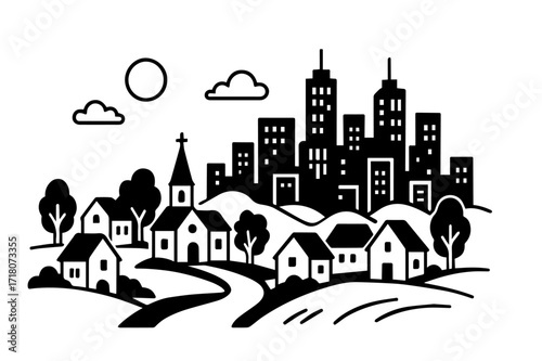 Here you go—your custom black and white vector image blending the charm of a peaceful village with the bold skyline of a bustling city. The winding road connects both worlds, making it a perfect visua