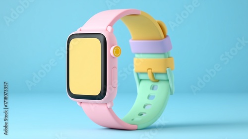 Award-Winning Realistic Photography in Urban Tech Setting – Colorful Modern Smartwatch with Pastel Straps on Blue Background  high-quality stock photo for commercial, editorial, or technology content