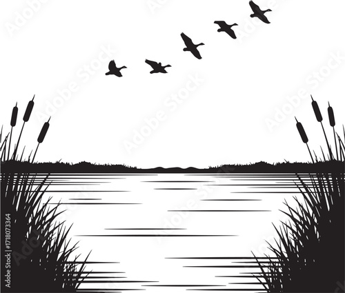 Five geese flying over lake and reeds Black and white illustration Simple nature scene Vector graphic Isolated on white background