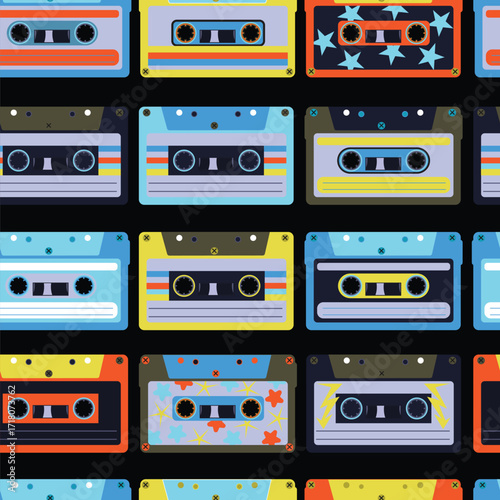 Vibrant Seamless Retro Cassette Tape Pattern Background with Neon Synthwave Aesthetic Design