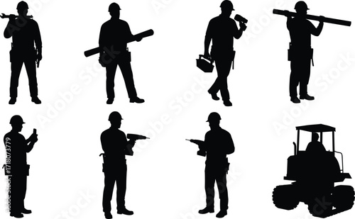 Construction worker silhouettes, tools, power drill, wrench, pipe, toolbox, bulldozer, black vector, industrial labor, isolated, set, equipment