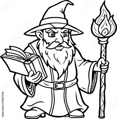 Mysterious wizard casting spell holding staff with glowing orb and ancient book detailed line art