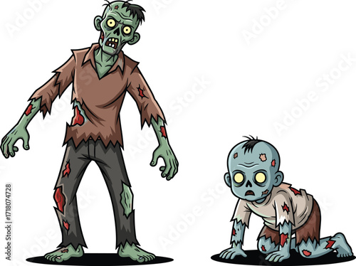 PrintCartoon zombie characters illustration, scary undead man and creepy crawling zombie child, spooky halloween monster artwork, horror walking dead vector design