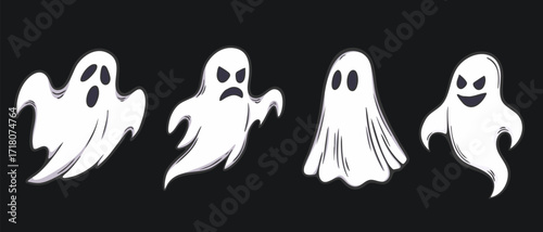 Set of three cartoon ghosts in white sheets with black eyes, spooky Halloween illustration in flat vector style on dark background, perfect for holiday decorations, party design, and seasonal artwork.