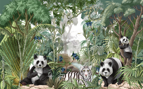 Tropical Jungle Mural with Pandas and White Tiger in Lush Greenery Scene