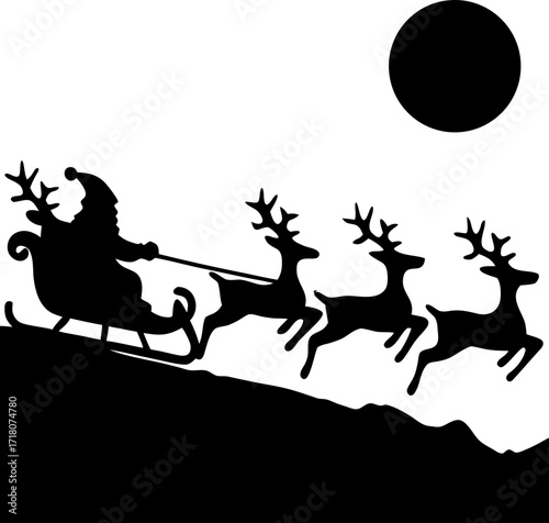 Black Silhouette of Santa Riding Sleigh with Reindeer, Minimalist Christmas Vector, Festive Holiday Illustration, Classic Santa Sleigh Design