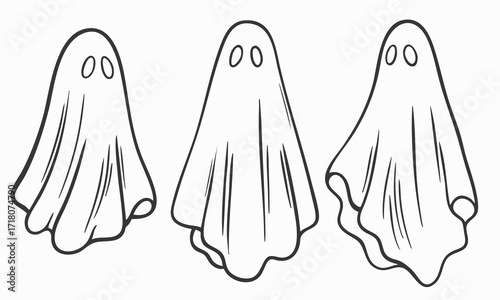 Set of three black and white ghost outlines, simple Halloween illustration in line art style, spooky cartoon characters with sheet costumes, isolated on white background, perfect for coloring pages