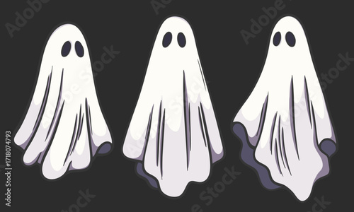 Set of three cartoon ghosts in white sheets with black eyes, spooky Halloween illustration in flat vector style on dark background, perfect for holiday decorations, party design, and seasonal artwork.