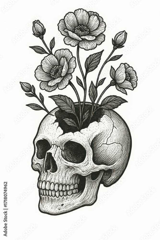 Fototapeta premium Skull with Blooming Flowers Illustration
