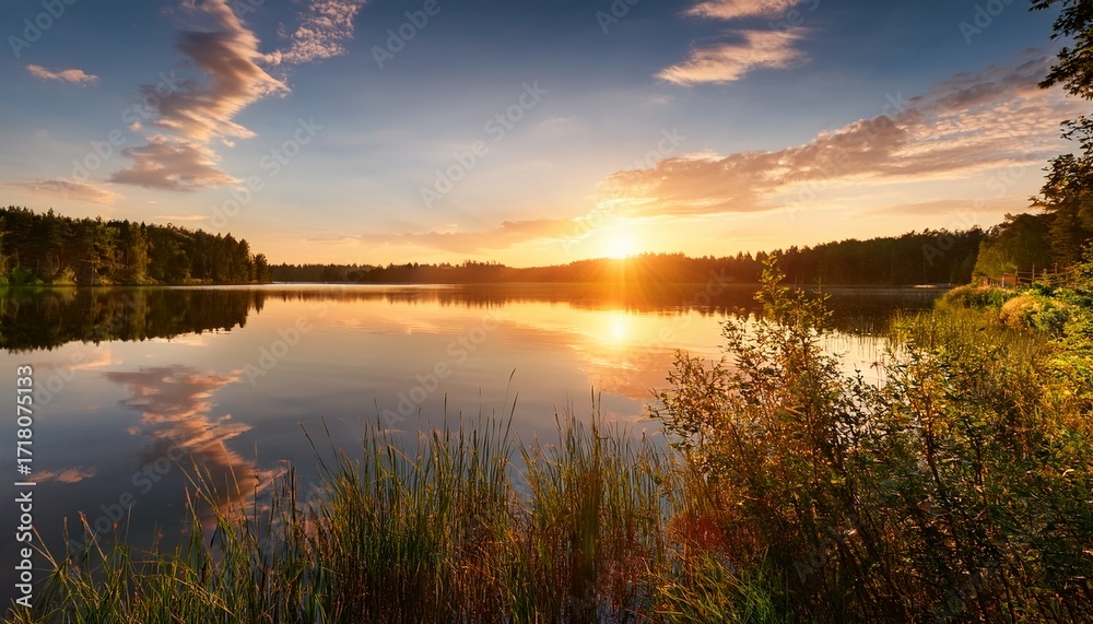 Fototapeta premium Breathtaking Summer Sunset Over Tranquil Lake Where Horizon Creates Stunning Reflection