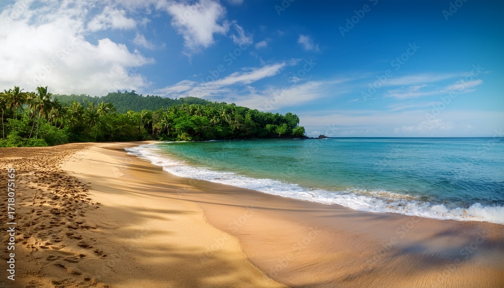 Obraz premium Secluded Beach In Sao Tome With Smooth Sand Gentle Waves And Dense Tropical Forest In The Background