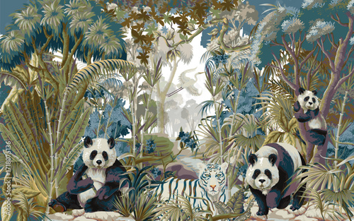 Tropical Jungle Mural with Pandas and White Tiger in Lush Greenery Scene