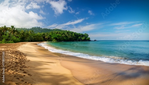 Secluded Beach In Sao Tome With Smooth Sand Gentle Waves And Dense Tropical Forest In The Background