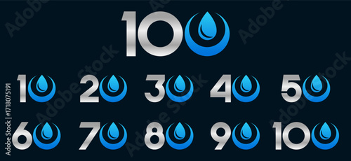 Set of collection numbers 10 to 100 with Water Drop element vector illustration. Water Drop element with numbers 10, 20, 30, 40, 50, 60, 70, 80, 90, 100 for greetings, anniversary and more.