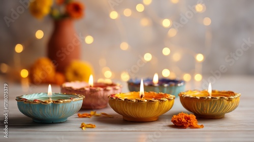 Colorful decorative candles glow on a festival table with blurred lights in the background during a celebratory event